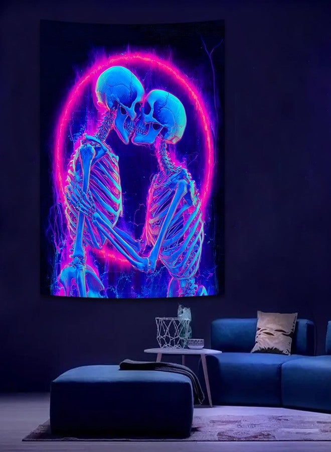 Manicer Blacklight Skull Tapestry - UV Reactive Neon The Kissing Lovers Skeleton Wall Hanging, Glow in the Dark Gothic Art Poster for Bedroom, Living Room, Party Decor - 30" x 40" - Image 2